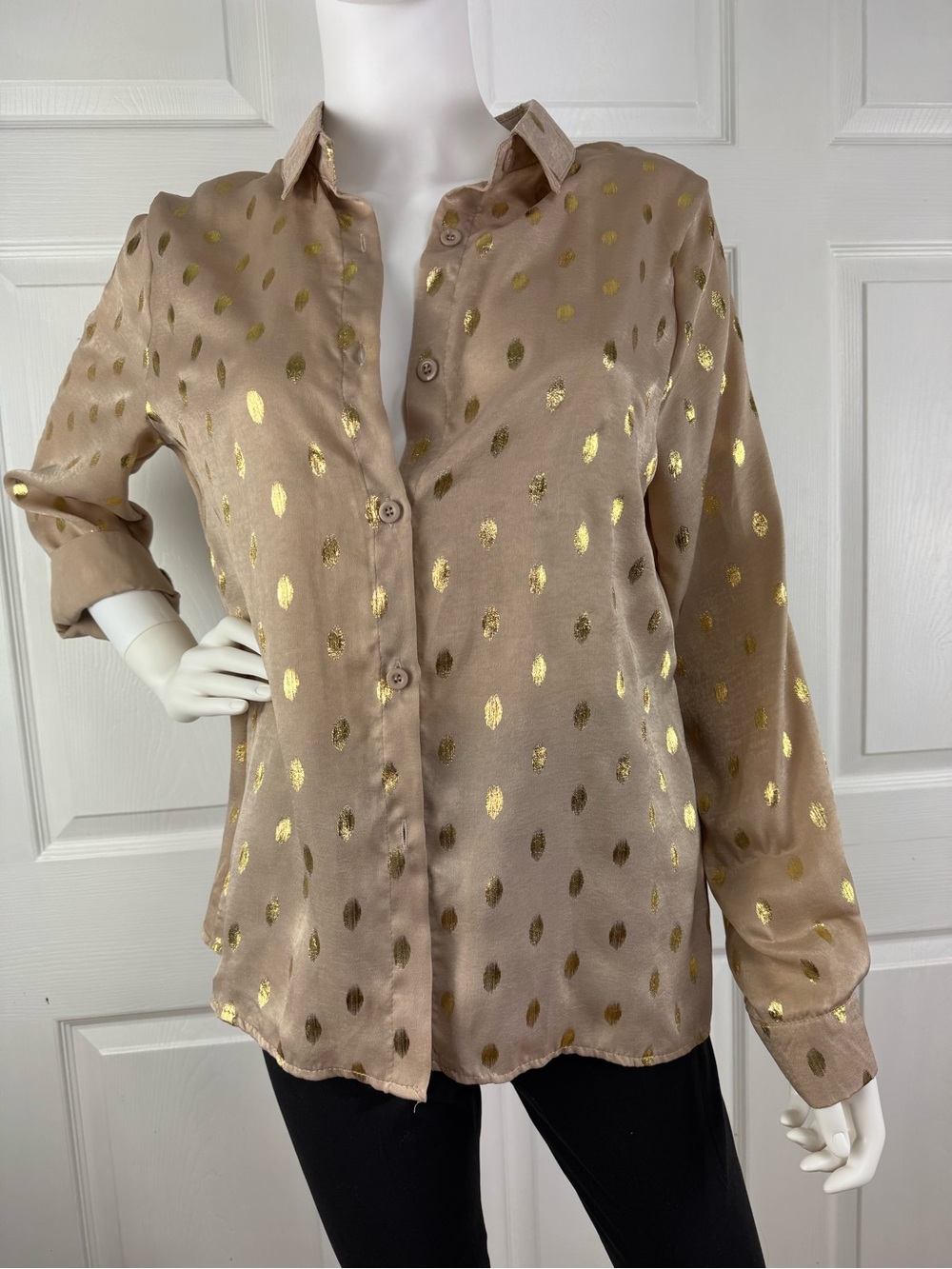 Beige Satin Button-Up Blouse with Gold Foil Dot Print